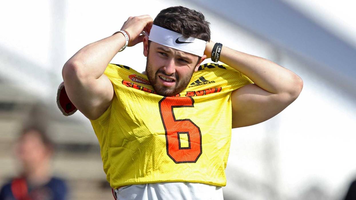 Jan 24, 2018; Mobile, AL, USA; North Squad quarterback Baker Mayfield of Oklahoma (6) during Senior bowl practice at Ladd-Peebles Stadium. Mandatory Credit: Chuck Cook-USA TODAY Sports