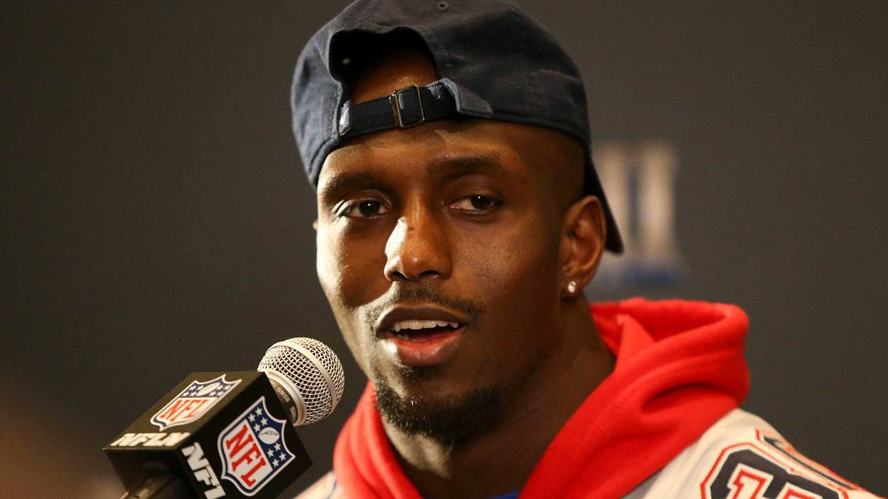 Jan 31, 2019; Atlanta, GA, USA; New England Patriots free safety Devin McCourty (32) addresses the media at a press conference for Super Bowl LIII at Hyatt Regency Atlanta. Mandatory Credit: Brett Davis-USA TODAY Sports