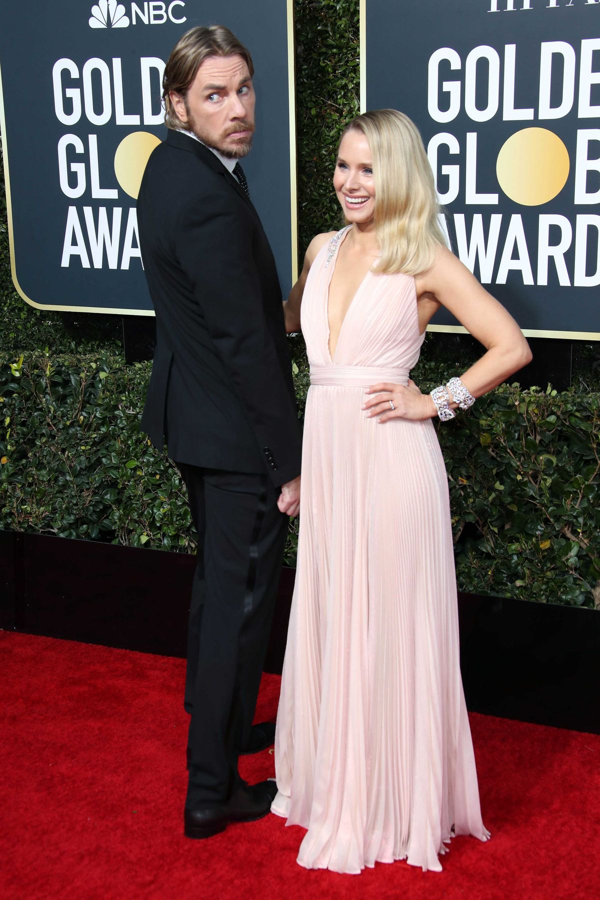 Jan 6, 2019; Beverly Hills, CA, USA; Dax Shepard, left and Kristen Bell arrive at the 76th Golden Globe Awards at the Beverly Hilton. Mandatory Credit: Dan MacMedan-USA TODAY NETWORK