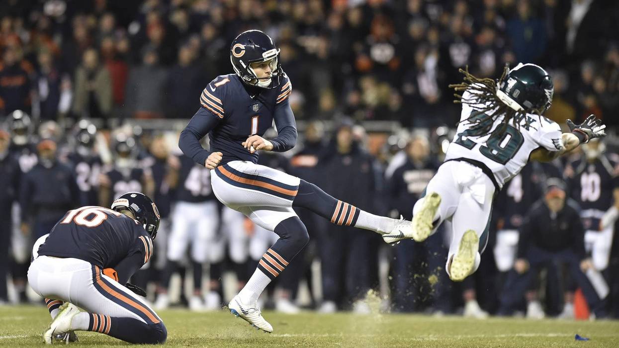 Jan 6, 2019; Chicago, IL, USA; Chicago Bears kicker Cody Parkey (1) kicks a field goal against the Philadelphia Eagles in the first half a NFC Wild Card playoff football game at Soldier Field. Mandatory Credit: Quinn Harris-USA TODAY Sports