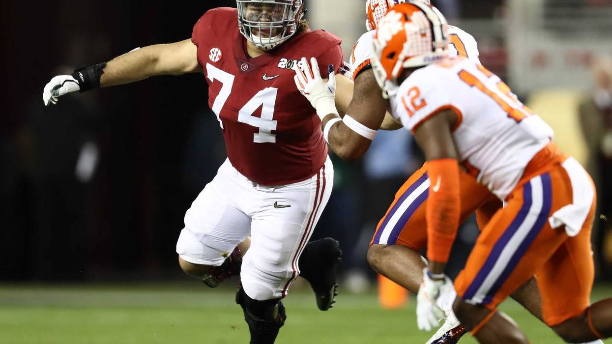 Jan 7, 2019; Santa Clara, CA, USA; Alabama Crimson Tide tackle Jedrick Wills Jr (74) pulls against the Clemson Tigers during the 2019 College Football Playoff Championship game at Levi's Stadium. Mandatory Credit: Matthew Emmons-USA TODAY Sports