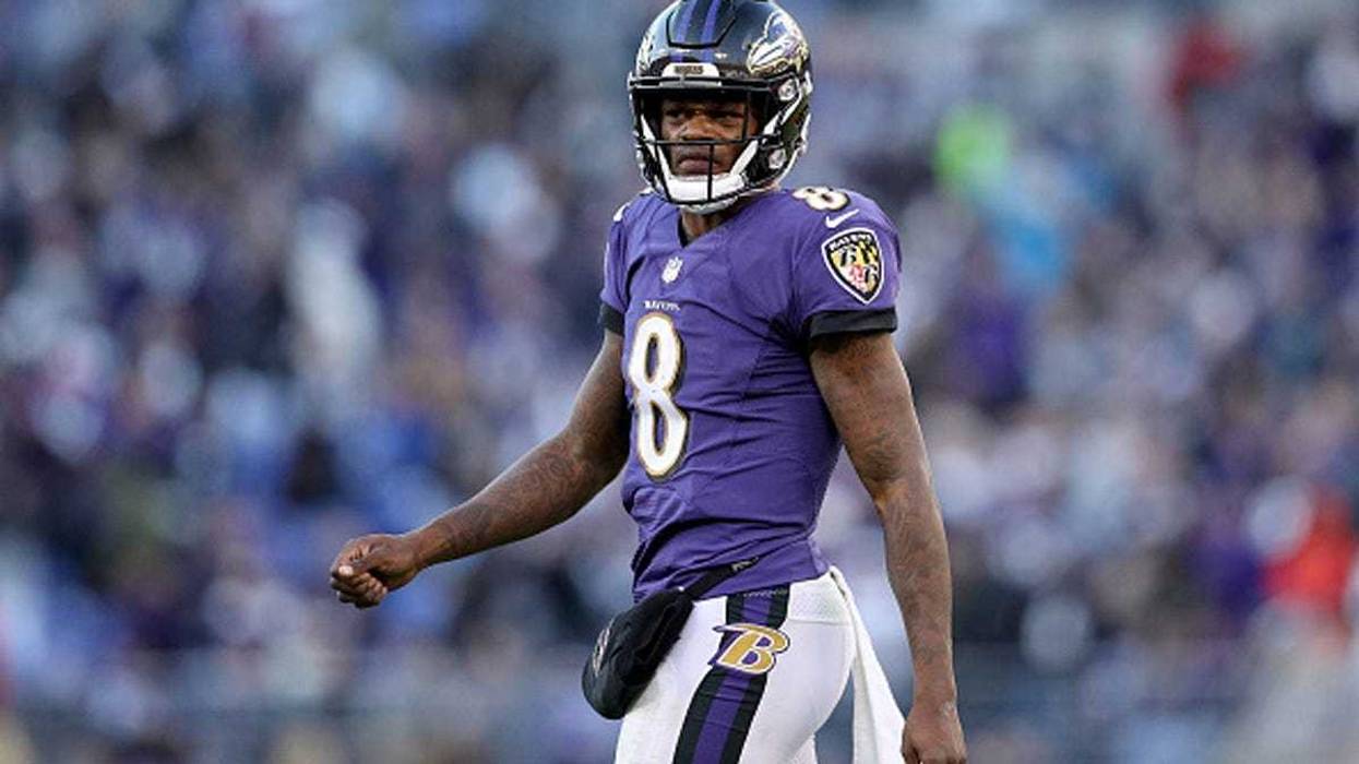 JANUARY 06: Lamar Jackson #8 of the Baltimore Ravens reacts after a play against the Los Angeles Chargers during the fourth quarter in the AFC Wild Card Playoff game at M&T Bank Stadium on January 06, 2019 in Baltimore, Maryland. (Photo by Patrick Smith/G