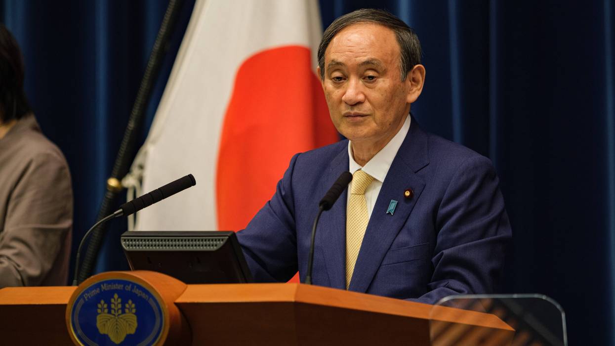 Japan's Prime Minister Yoshihide Suga speaks during a press conference at the prime minister's official residence on July 08, 2021 in Tokyo, Japan.
