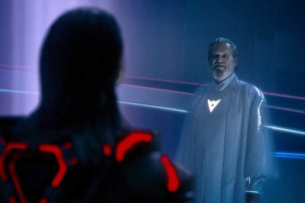 Jared Leto and Jeff Bridges in “Tron: Ares,” releasing Oct. 10
