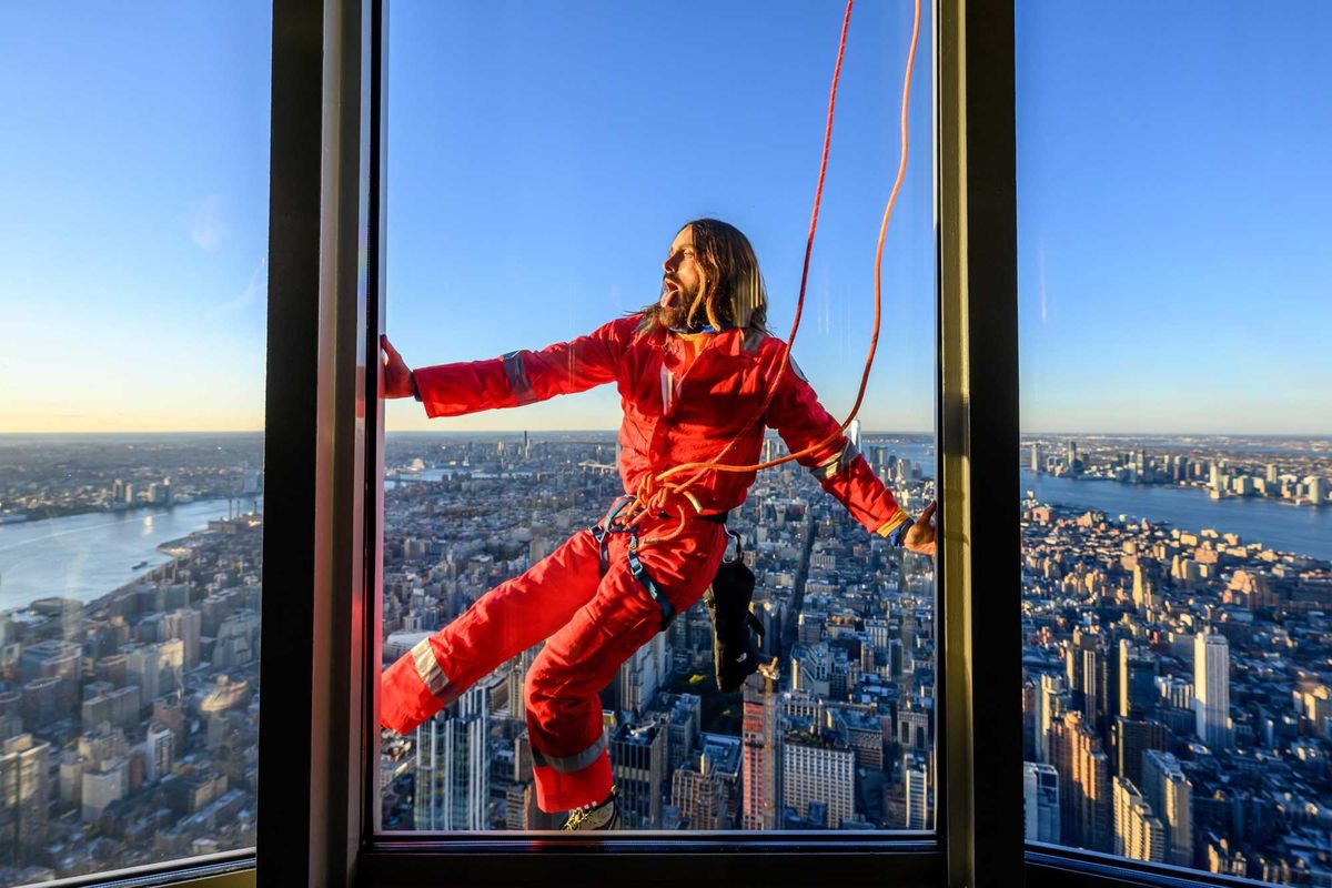 Jared Leto climbs the Empire State Building on Nov. 9, 2023, to promote his band Thirty Seconds to Mars' 2024 world tour.