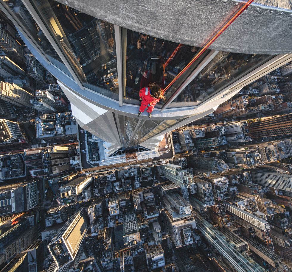 Jared Leto stands on a ledge on the Empire State Building on Nov. 9, 2023.