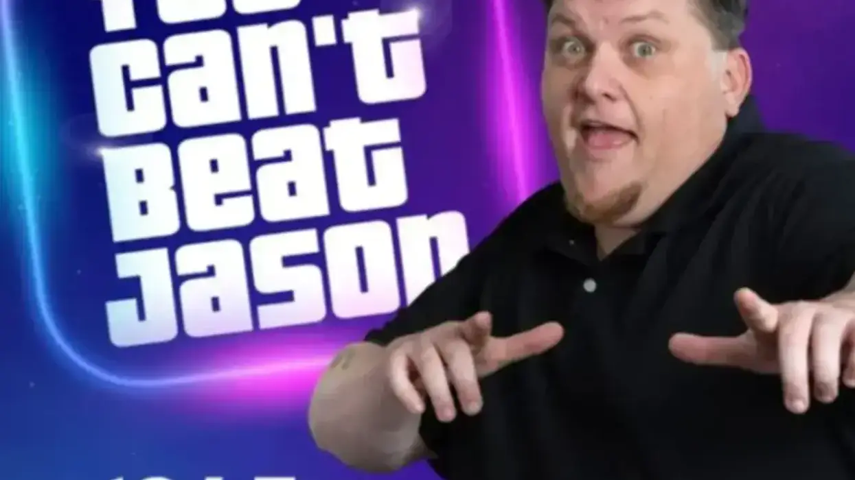 Jason, an excited man pointing, promotes "YOU can't beat jason" for 104.3 WOMC radio.