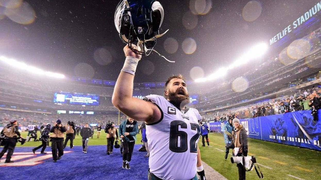 Jason Kelce #62 of the Philadelphia Eagles celebrates his teams win over the New York Giants.