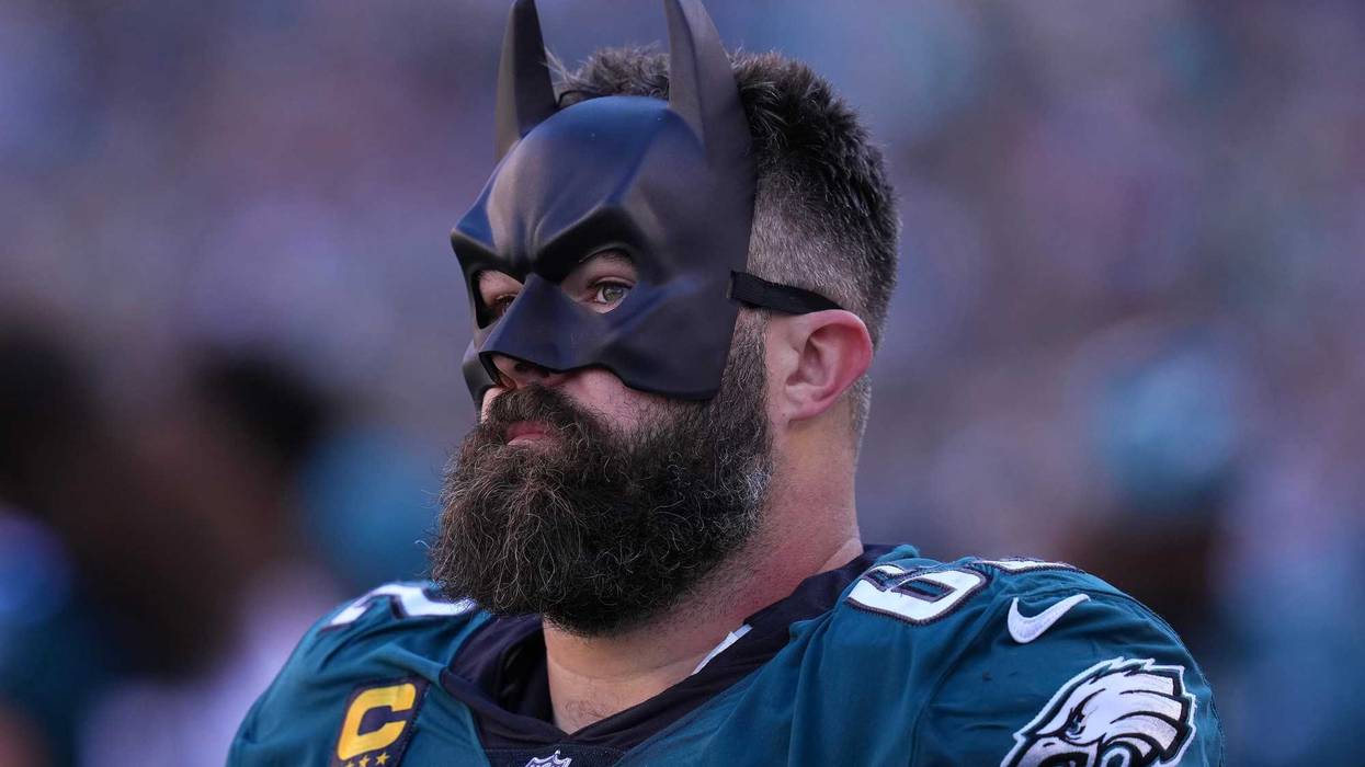 Jason Kelce, #62 of the Philadelphia Eagles, looks on wearing a Batman mask against the Pittsburgh Steelers at Lincoln Financial Field on Oct. 30, 2022, in Philadelphia, Pennsylvania.