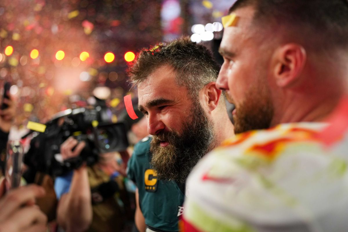 Jason Kelce of the Philadelphia Eagles and Travis Kelce of the Kansas City Chiefs