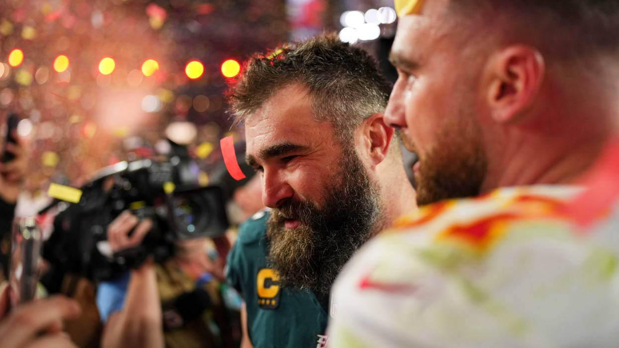 Jason Kelce of the Philadelphia Eagles and Travis Kelce of the Kansas City Chiefs