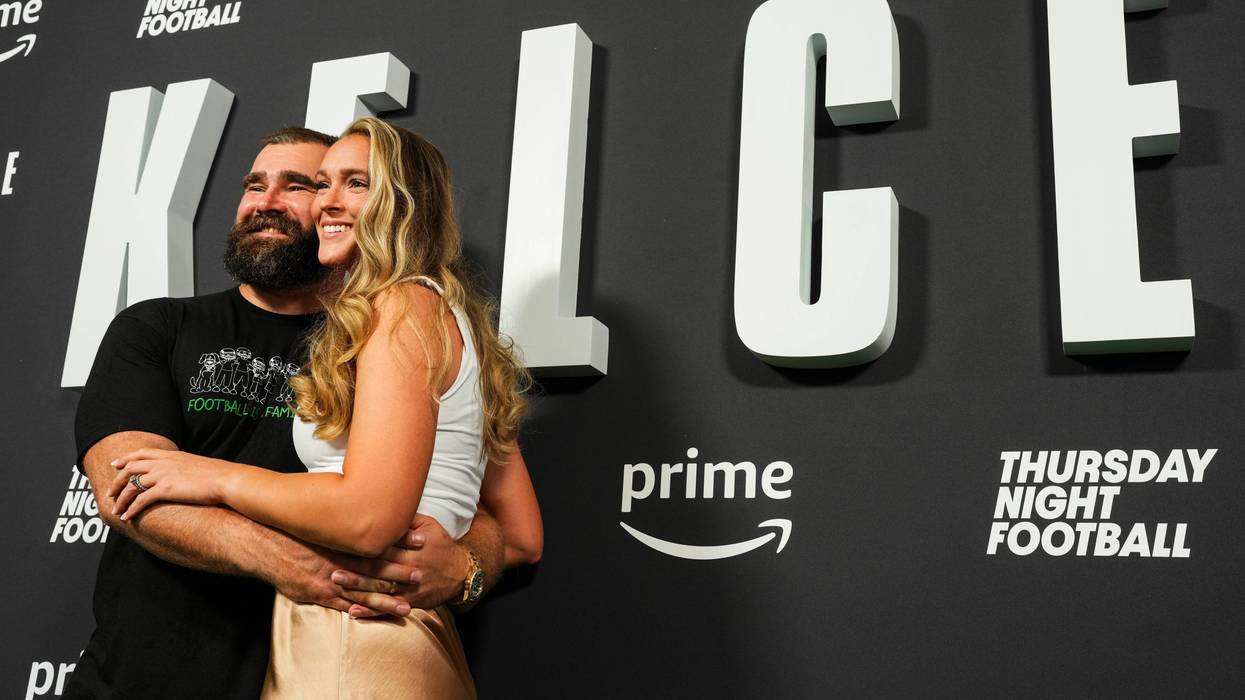 Jason Kelce poses for a photo with Kylie Kelce during the Kelce documentary premiere at Suzanne Roberts Theater on September 8, 2023 in Philadelphia, Pennsylvania.