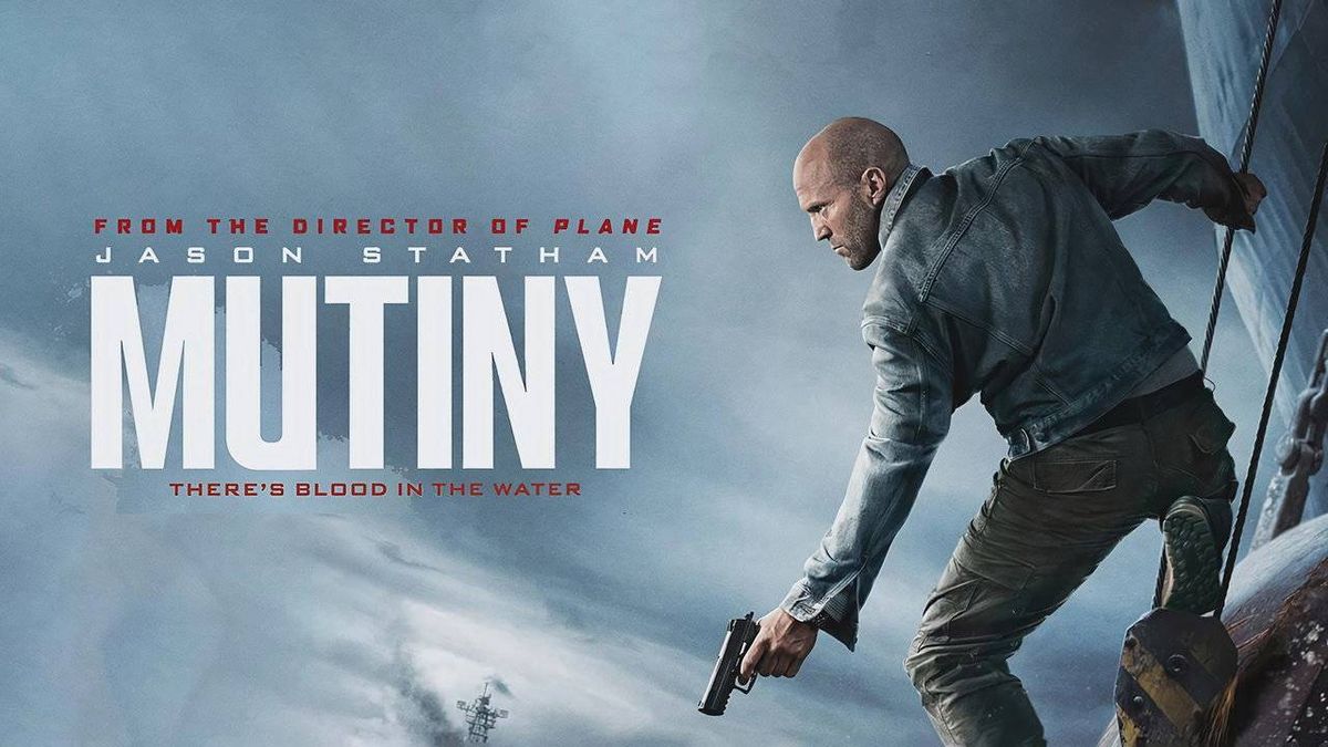 Jason Statham with a pistol, climbing a structure, on the 'Mutiny' movie poster.