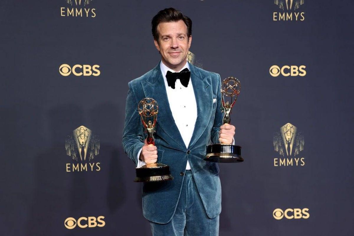 Jason Sudeikis, winner of the Outstanding Comedy Series and Outstanding Lead Actor in a Comedy Series awards for ‘Ted Lasso,’ poses in the press room during the 73rd Primetime Emmy Awards at L.A. LIVE on September 19, 2021 in Los Angeles, California.