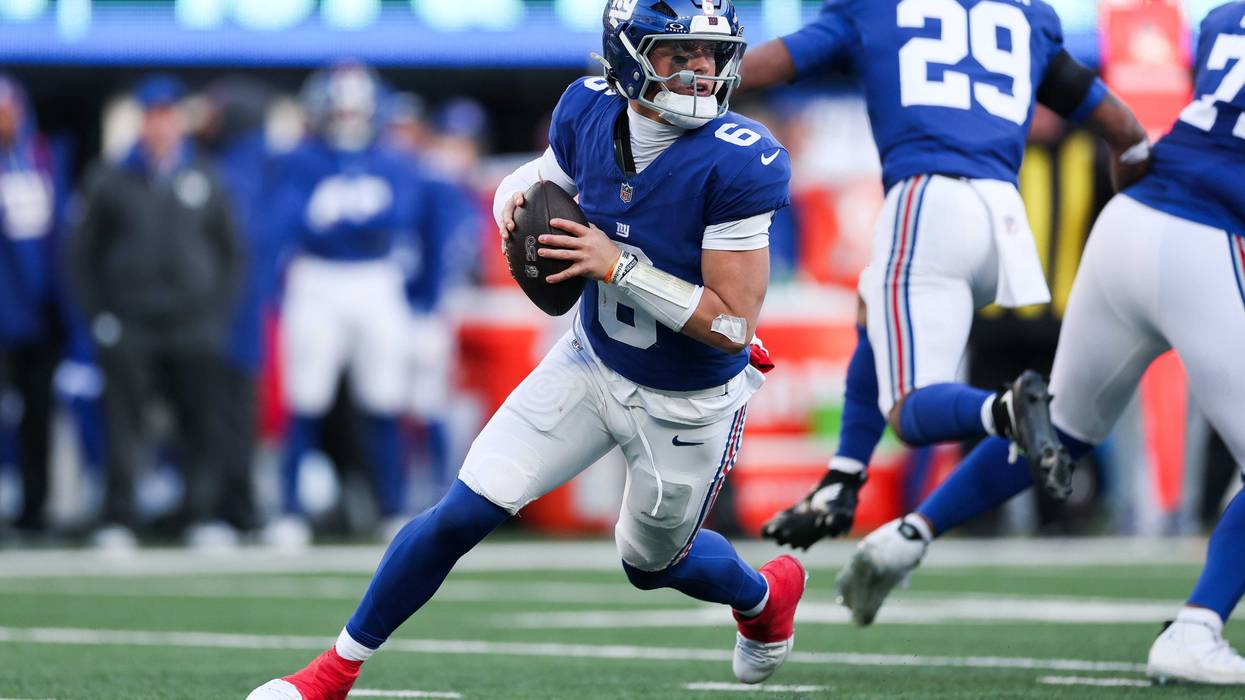 Jaxson Dart #6 of the New York Giants in action during the game against the Dallas Cowboys at MetLife Stadium on January 04, 2026 in East Rutherford, New Jersey. The New York Giants won 34-17.