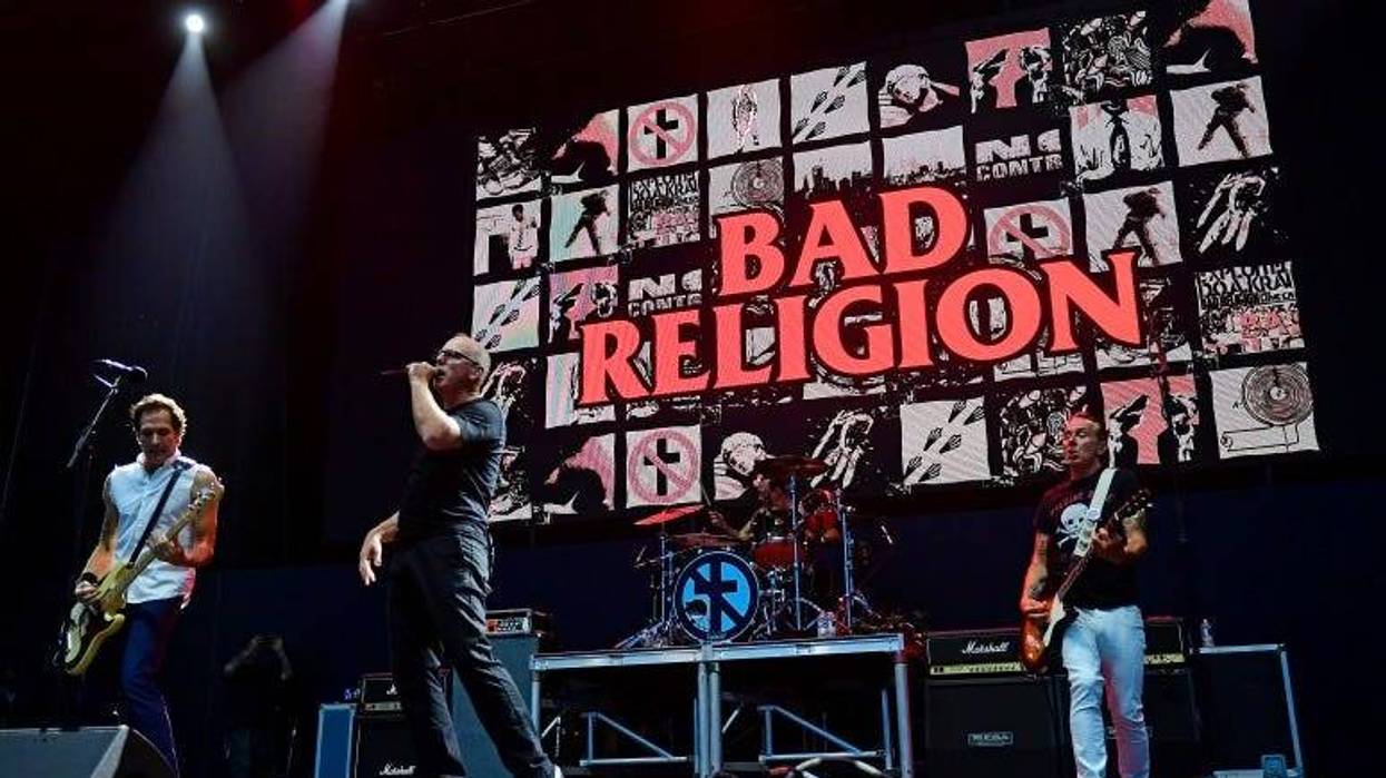 Jay Bentley, Greg Graffin, Jamie Miller and Brian Baker of Bad Religion perform during the first day of Warped Tour on June 29, 2019 in Atlantic City