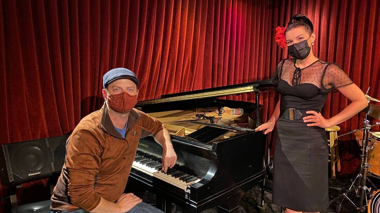 Jay Bordeleau, owner of Mr. Tipple's Jazz Recording Studio, and Emily Day, lead singer of the Cosmo Alleycats, are hoping live music can still thrive under the Bay Area's new COVID-19 mask mandate.