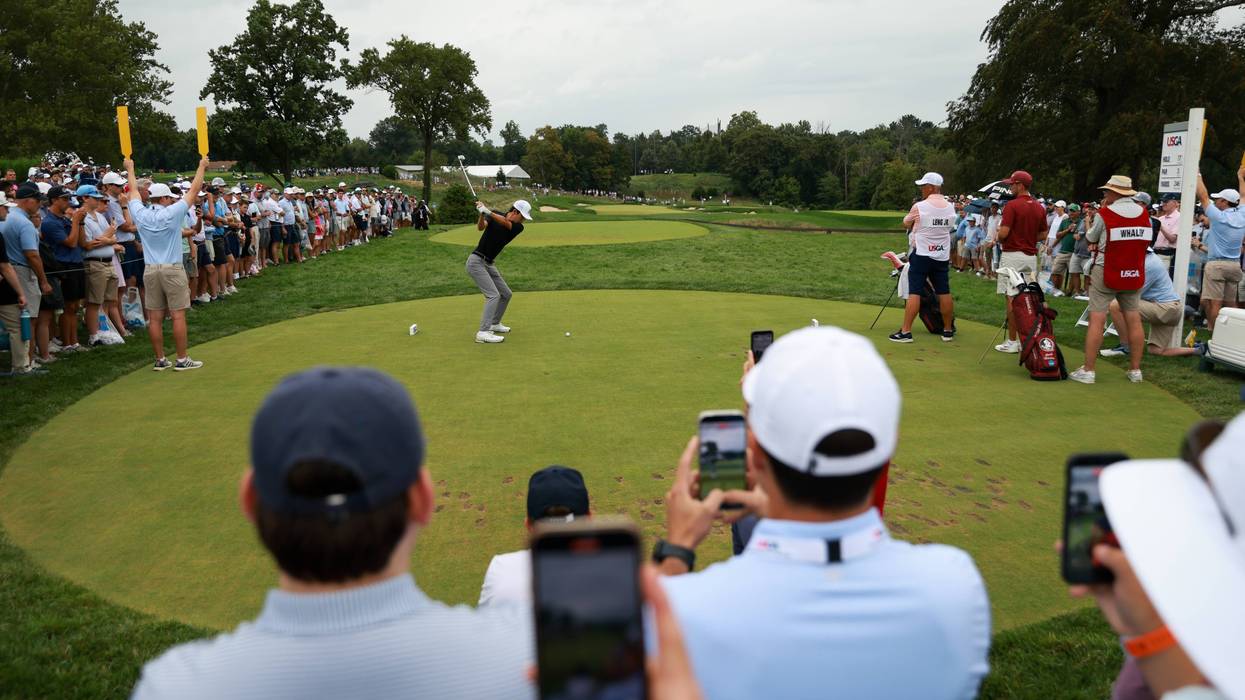 Jay Leng Jr. of the United States hits his tee on the 17th hole on day seven of the U.S. Amateur Championship at Merion Golf Club on Aug. 16, 2026, in Ardmore, Pennsylvania.