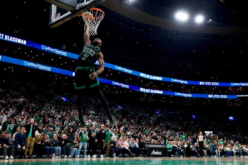 Jaylen Brown #7 of the Boston Celtics dunks the ball against the Indiana Pacers during the second quarter at TD Garden on December 27, 2024 in Boston, Massachusetts.