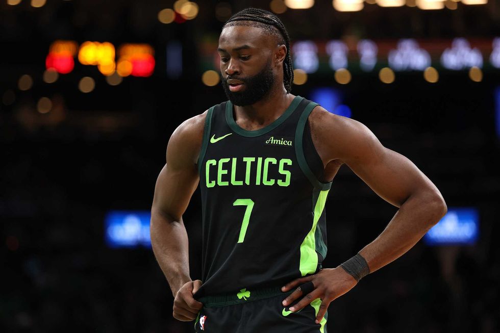 Jaylen Brown #7 of the Boston Celtics looks on during the second half of the game against the Cleveland Cavaliers at TD Garden on February 28, 2025 in Boston, Massachusetts. The Cavaliers defeat the Celtics 123-116.