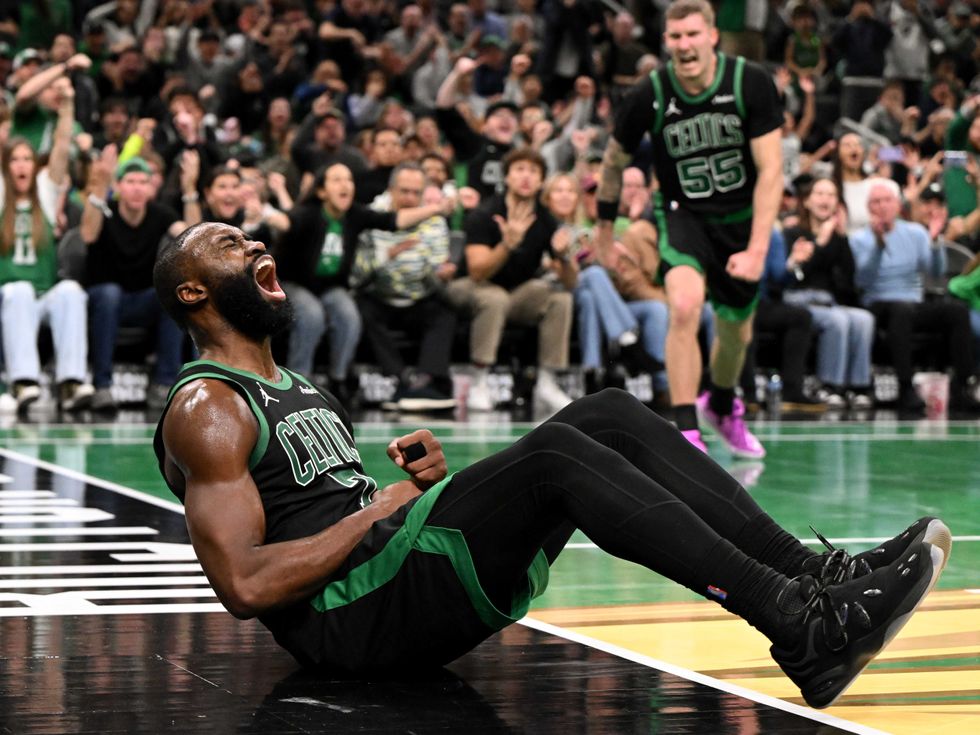 Jaylen Brown #7 of the Boston Celtics reacts after scoring a basket Detroit Pistons during the second half at the TD Garden on November 26, 2025 in Boston, Massachusetts.