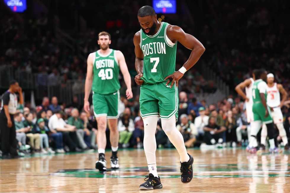 Jaylen Brown #7 of the Boston Celtics reacts during the second quarter against the New York Knicks in Game Two of the Eastern Conference Second Round NBA Playoffs at TD Garden on May 07, 2025 in Boston, Massachusetts.