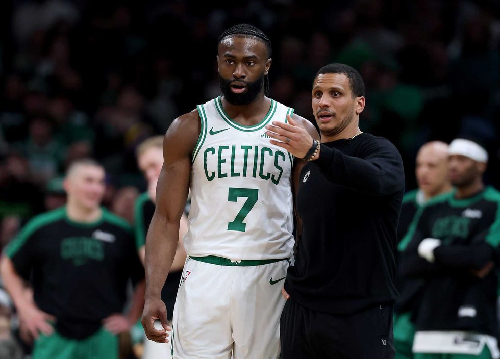 Jaylen Brown #7 of the Boston Celtics talks with head coach Joe Mazzulla during the second half against the Los Angeles Lakers at TD Garden on March 08, 2025 in Boston, Massachusetts. The Boston Celtics defeated the Los Angeles Lakers 111-101.