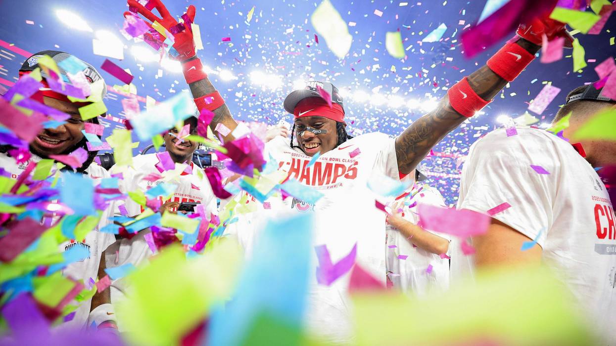 Jaylen McClain #18 of the Ohio State Buckeyes celebrates after beating the Texas Longhorns 28-14 to win the Goodyear Cotton Bowl at AT&T Stadium on January 10, 2025 in Arlington, Texas.