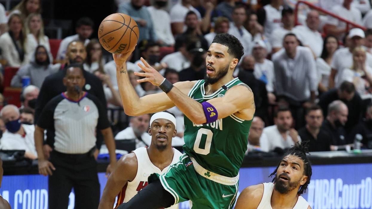 Jayson Tatum #0 of the Boston Celtics against the Miami Heat in Game Seven of the 2022 NBA Playoffs Eastern Conference Finals at FTX Arena on May 29, 2022 in Miami, Florida.
