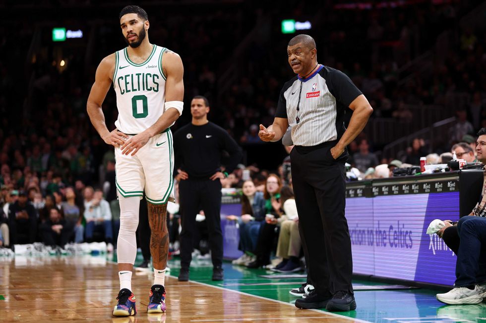 Jayson Tatum #0 of the Boston Celtics reacts after referee Tony Brothers #25 issued him a technical foul during the second half of the game against the Chicago Bulls at TD Garden on December 19, 2024 in Boston, Massachusetts.