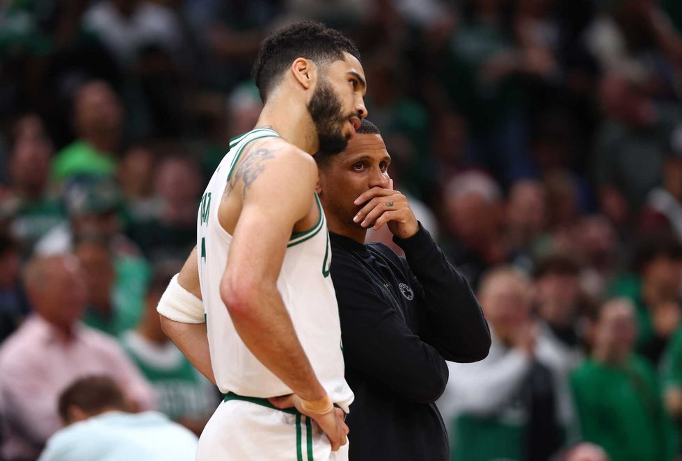 Jayson Tatum #0 talks with Boston Celtics head coach Joe Mazzulla during the fourth quarter against the Dallas Mavericks in Game One of the 2024 NBA Finals at TD Garden on June 06, 2024 in Boston, Massachusetts