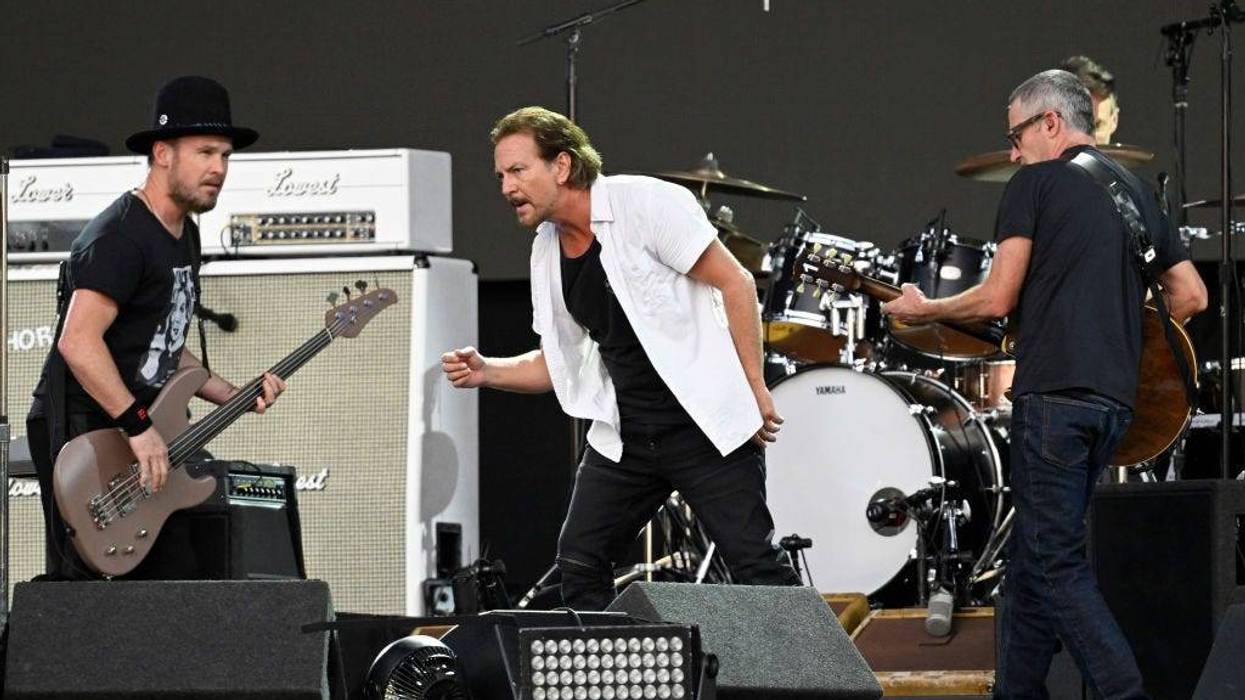 Jeff Ament, Eddie Vedder and Stone Gossard of Pearl Jam perform on stage as American Express Presents BST Hyde Park, in Hyde Park on July 08, 2022 in London, England.