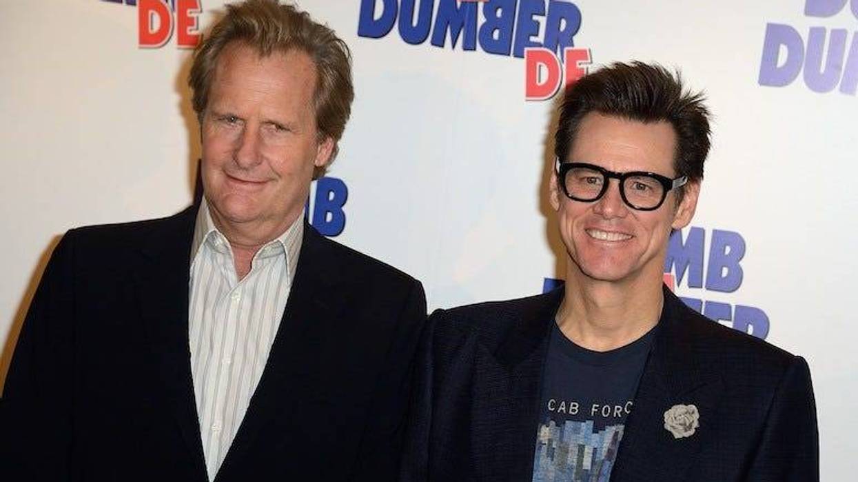 Jeff Daniels and Jim Carrey on red carpet for Dumb and Dumber To, Paris, France, 2014
