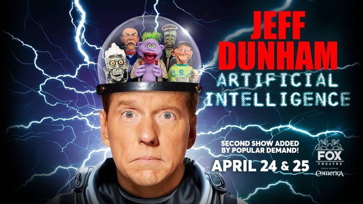 Jeff Dunham, puppets in a clear head-dome, lightning background. "Artificial Intelligence" show.