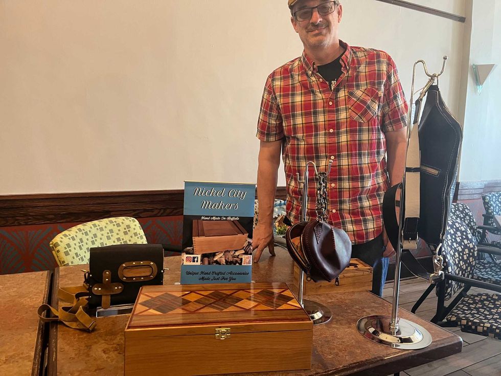 Jeff Patnode of Nickel City Makers showcases some creations that will be available for purchase at the Allentown Art Festival, including a humidor and some unique purses and handbags.
