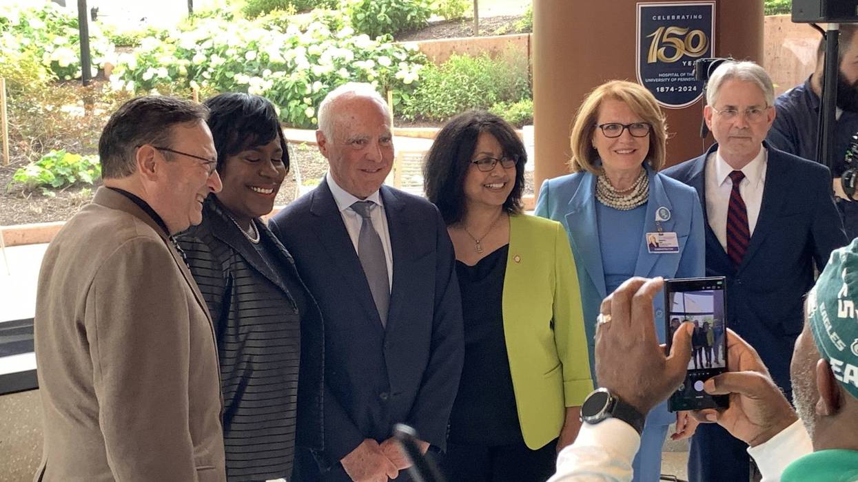 Jeffrey Lurie (center), along with Mayor Cherelle Parker, (2nd from left) and officials from Penn Medicine and Children's Hospital of Philadelphia, announced the creation of the Lurie Autism Institute on Tuesday, June 10 at the Hospital of the University of Pennsylvania.