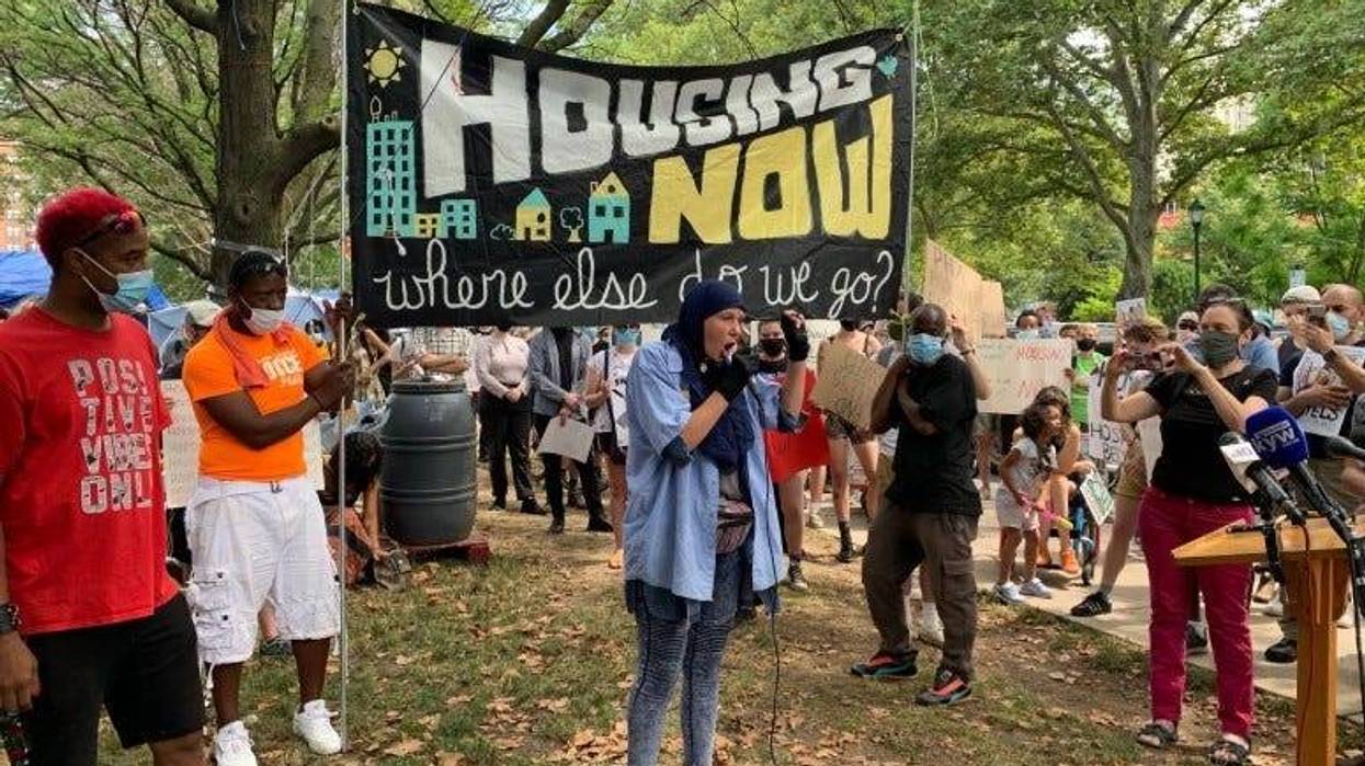 Jennifer Bennetch, one of the organizers of the Parkway encampment, speaking to reporters.