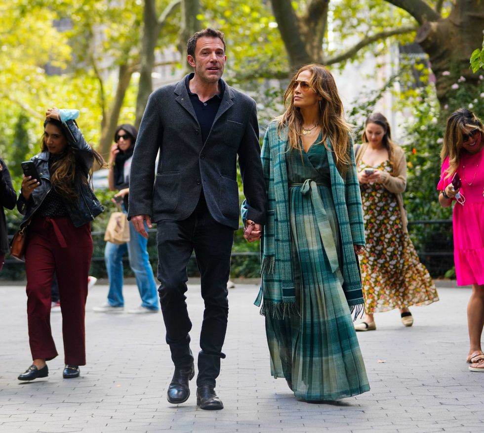 Jennifer Lopez and Ben Affleck are seen on September 26, 2021 in Madison Square Park in New York City.