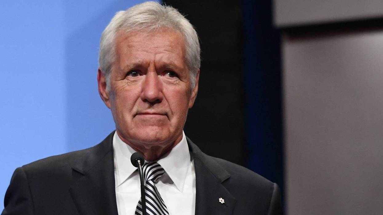 "Jeopardy!" host Alex Trebek speaks as he is inducted into the National Association of Broadcasters Broadcasting Hall of Fame