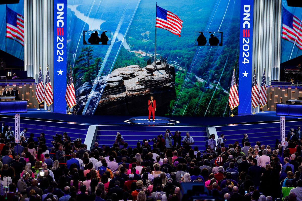 Jess Davis sings the National Anthem during the third day of the Democratic National Convention at the United Center on August 21, 2024 in Chicago, Illinois.