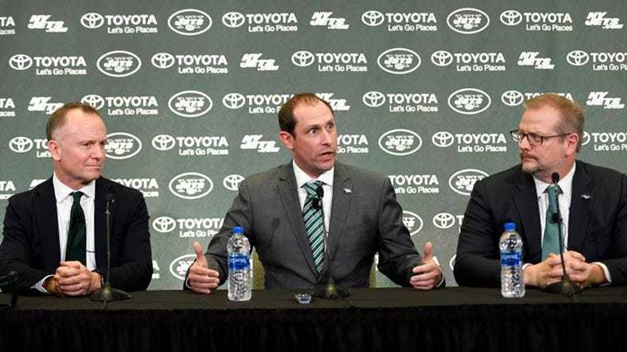 Jets CEO Christopher Johnson, coach Adam Gase and general manager Mike Maccagnan answer questions from the media during a news conference on Jan. 14, 2019, in Florham Park.
