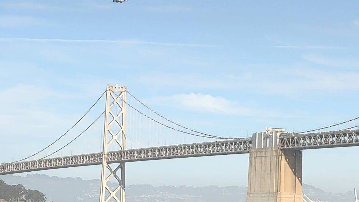 Jets fly over the San Francisco-Oakland Bay Bridge on October 10, 2024 as they practice ahead of the San Francisco Fleet Week Air Show scheduled for October 11, 2024.