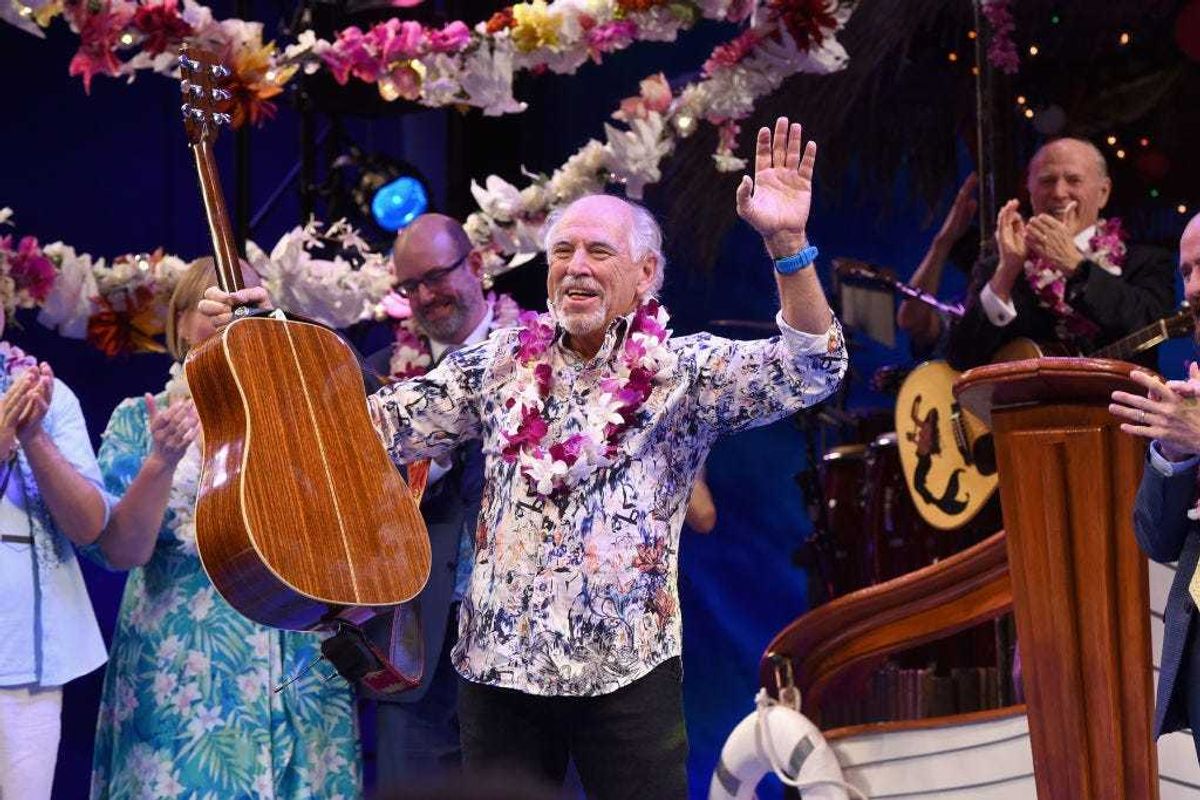 Jimmy Buffett (C) takes opening night bow during the Broadway premiere of "Escape to Margaritaville" at the Marquis Theatre on March 15, 2018 in New York City.