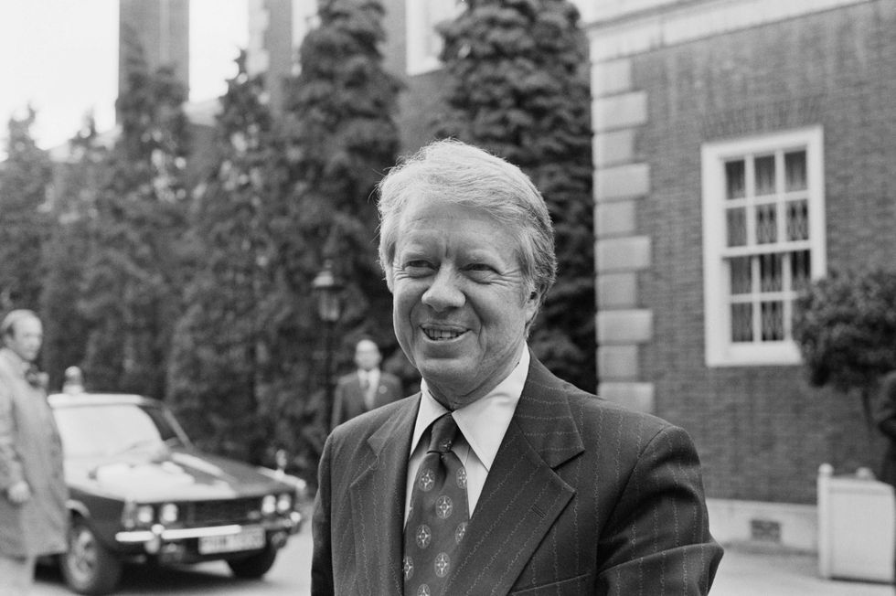 Jimmy Carter, 39th president of the United States, arrives at Winfield House for his stay during the Economic Summit, London, UK, 7th May 1977