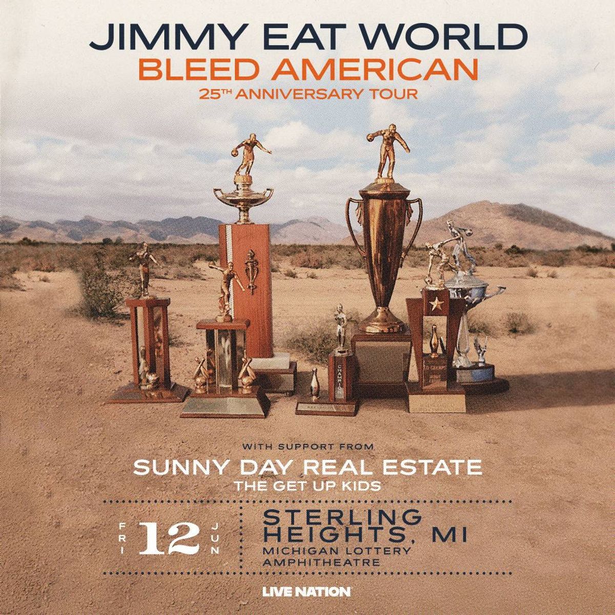 Jimmy Eat World Bleed American 25th Anniversary Tour poster, featuring trophies in a desert scene.