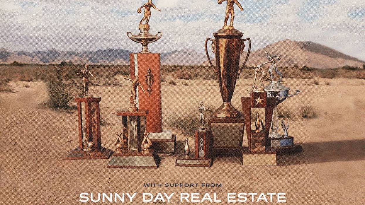 Jimmy Eat World Bleed American 25th Anniversary Tour poster, featuring trophies in a desert scene.