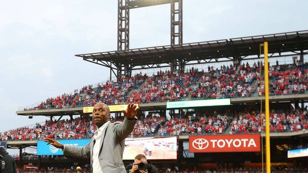 Jimmy Rollins, former all-star with the Philadelphia Phillies, waves during his retirement ceremony before a game against the Washington Nationals at Citizens Bank Park on May 4, 2019, in Philadelphia, Pennsylvania.