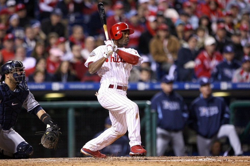 Jimmy Rollins of the Philadelphia Phillies bats against the Tampa Bay Rays during game three of the 2008 MLB World Series on October 25, 2008 at Citizens Bank Park in Philadelphia, Pennsylvania.