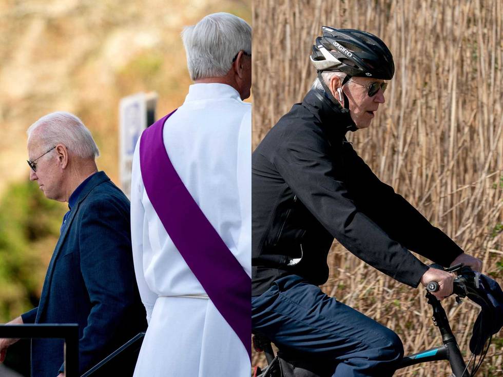 Joe Biden departs Saint Edmond Catholic Church in Rehoboth Beach, Delaware, on March 19, 2022 (left photo). Biden rides his bike through Cape Henlopen State Park in Rehoboth Beach on March 20, 2022. (right photo)