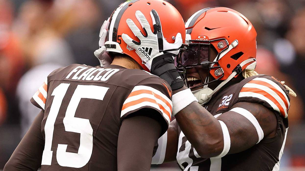 Joe Flacco #15 of the Cleveland Browns and David Njoku #85 of the Cleveland Browns celebrate a touchdown during the first quarter against the Jacksonville Jaguars at Cleveland Browns Stadium on December 10, 2023 in Cleveland, Ohio.